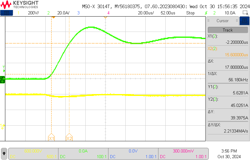 Example 0A→50A load step showing an achieved slew rate of ~3.1 A/µs after twisting the wiring between the DUT and electronic load to reduce inductance.
