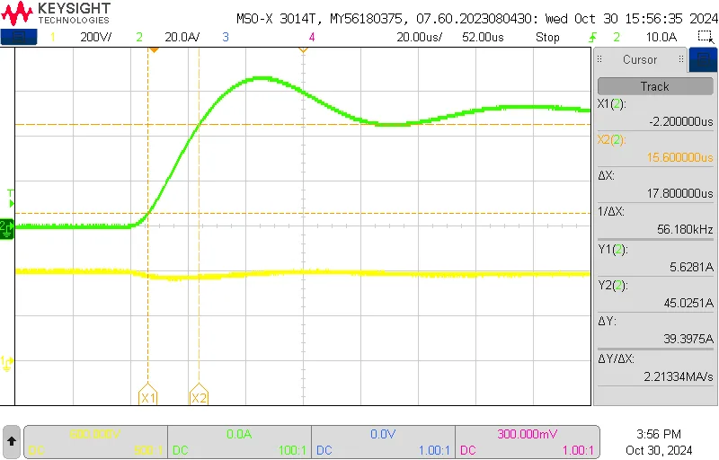 Example 0A→50A load step showing an achieved slew rate of ~3.1 A/µs after twisting the wiring between the DUT and electronic load to reduce inductance.