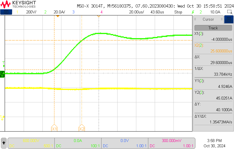 Example 0A→50A load step showing an achieved slew rate of ~3.1 A/µs after twisting the wiring between the DUT and electronic load to reduce inductance.