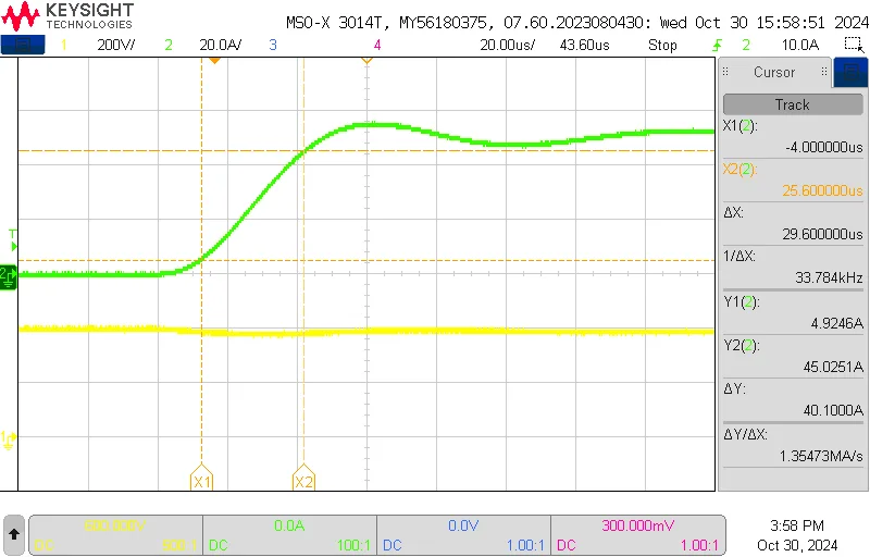Example 0A→50A load step showing an achieved slew rate of ~3.1 A/µs after twisting the wiring between the DUT and electronic load to reduce inductance.