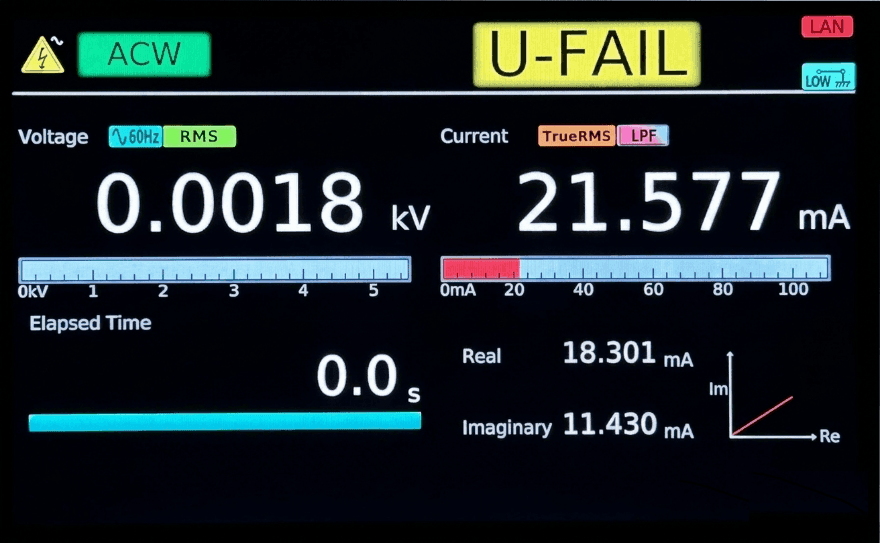 U-FAIL — test stopped because the test current exceeded the upper limit