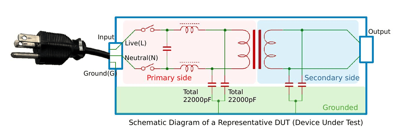 Schematic with total capacitance of 22000 pF, 44000 pF total across Live-Ground and Neutral-Ground
