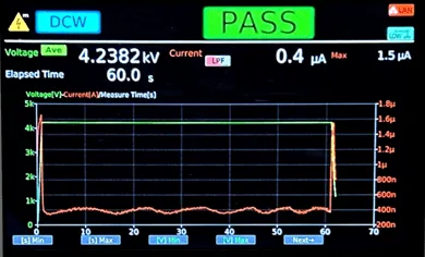 PASS — the 60-second hold completed with leakage well below the threshold