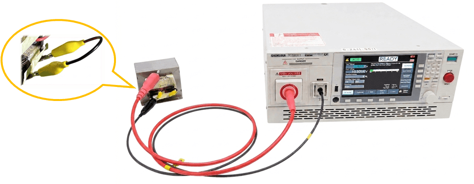 Basic connection configuration between the microwave-oven transformer DUT and the TOS9311 withstand voltage tester