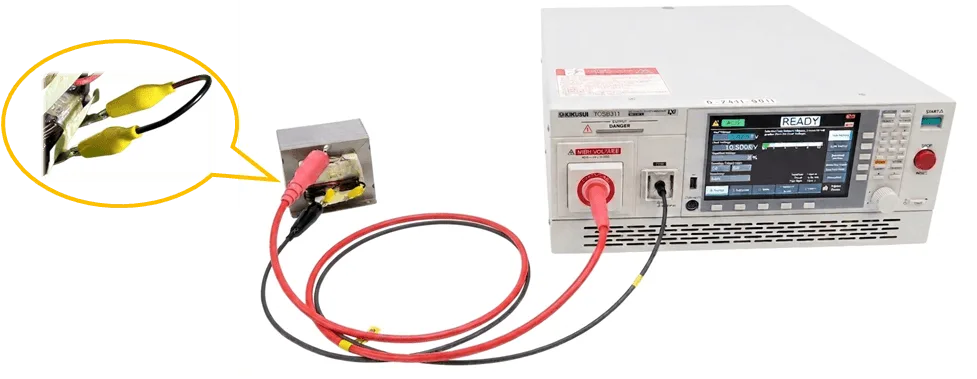 Basic connection configuration between the microwave-oven transformer DUT and the TOS9311 withstand voltage tester