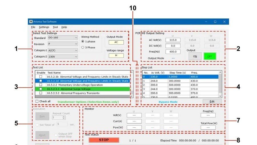 SD012-PCR-WE Avionics Test Software main window showing test standard selection, phase, test list, step list, and output monitor