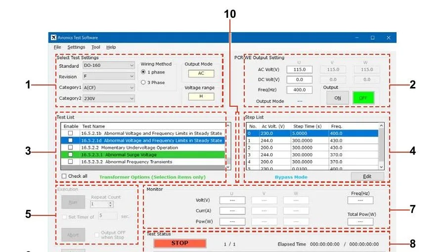 SD012-PCR-WE Avionics Test Software main window showing test standard selection, phase, test list, step list, and output monitor